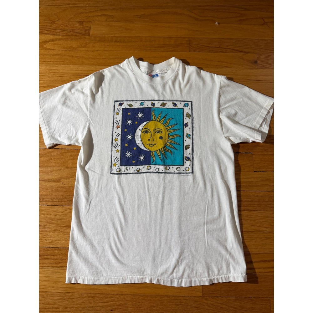 Vintage 1993 Kim Malek Celestial Sun Moon T-Shirt Hanes Beefy-T White Medium